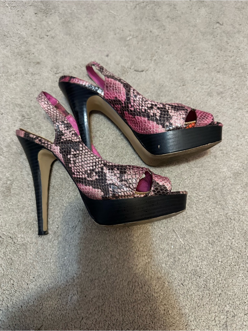 Guess Pink Snake-Print Peep-Toe Slingback Platform Heels